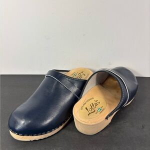 Scandi Lotta From Stockholm Navy Leather Wooden Clogs EU 42 US 11
